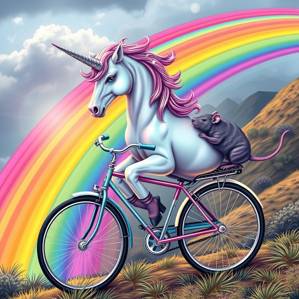 Unicorn Rides Rainbow, Eats Rat in Abstract Vector Art