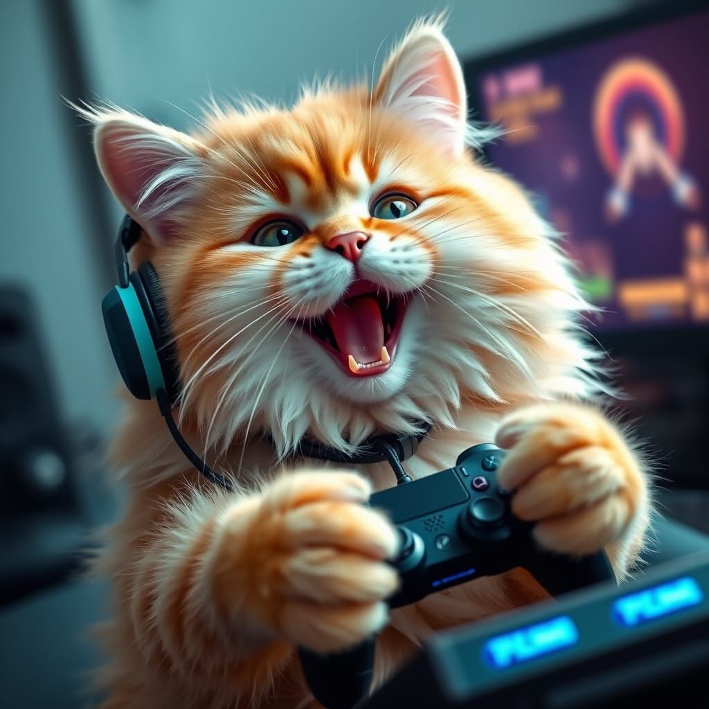 Whimsical Feline Gamer in Cyberpunk Attire