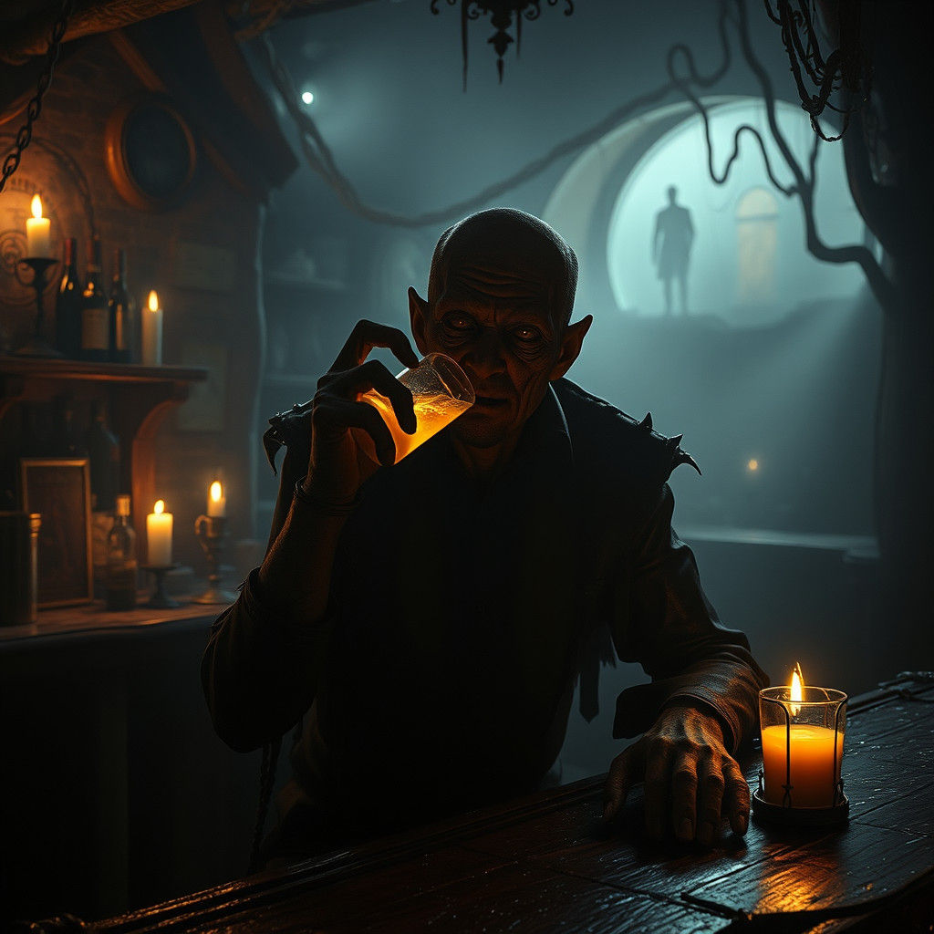 Grotesque Figure in Gothic Bar, Inspired by Dark Masters