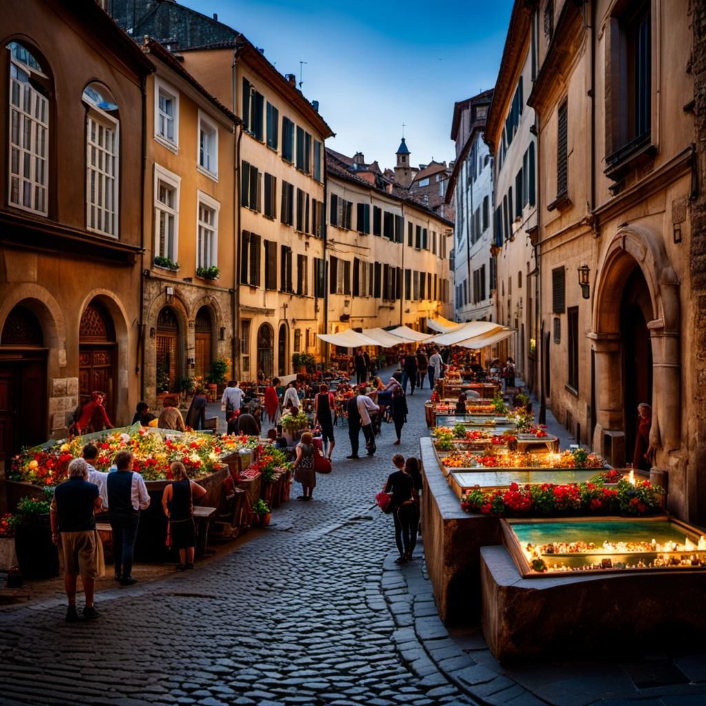 Lively Street Scene in Old European City