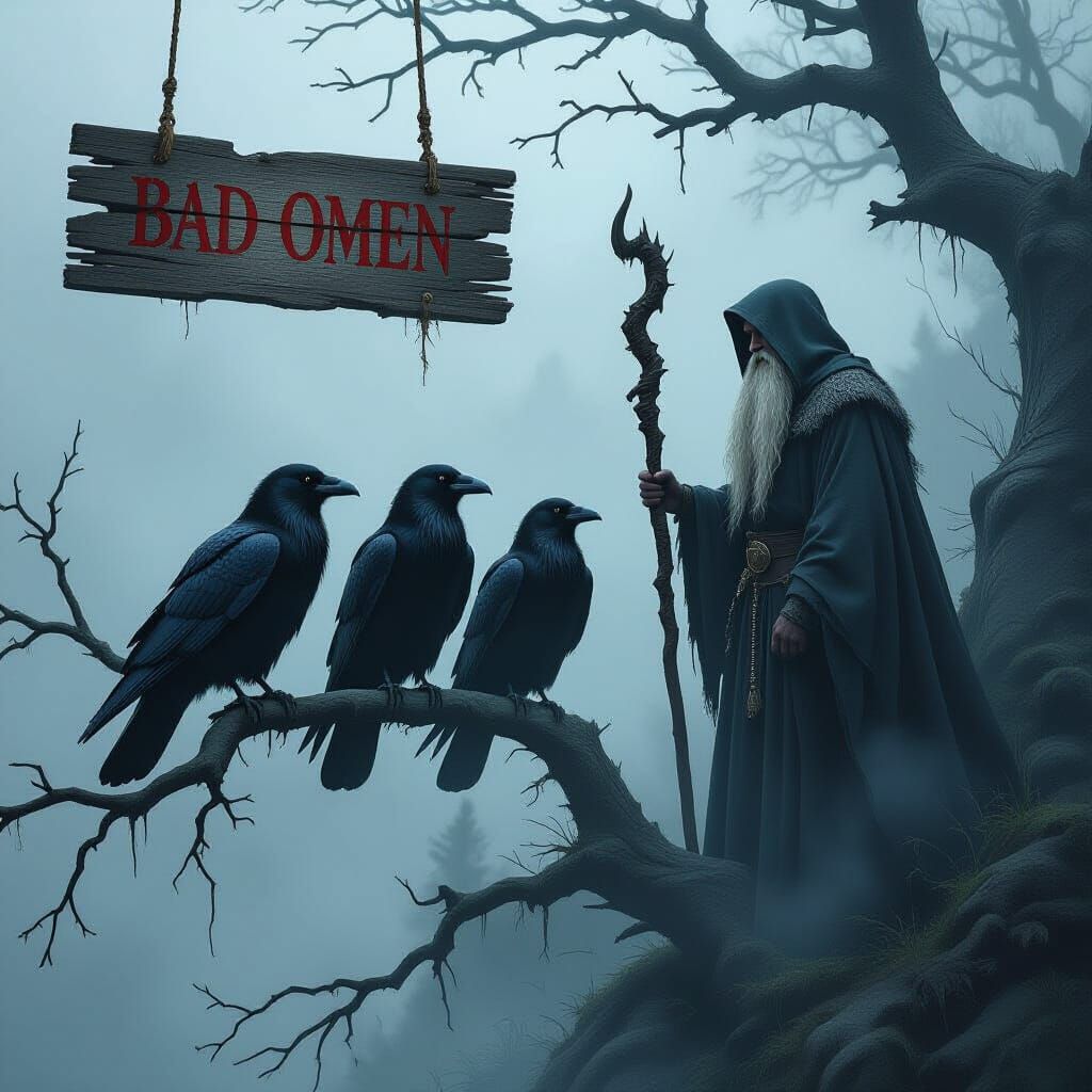 Odin, Ravens, and a Bad Omen Sign in Mist