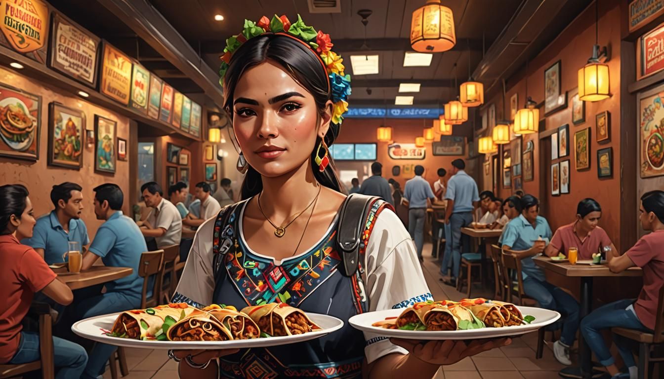 Mexican Woman Serving Chimichangas: Photorealistic Art
