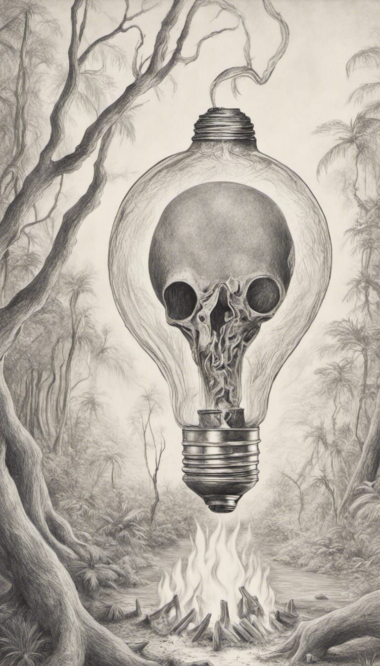 Lightbulb Dancing Around Bonfire in Jungle, Eldritch Pop Art