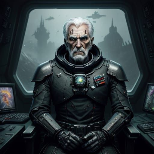 Elderly Space Captain with Cybernetic Augments in Gothic Sty...