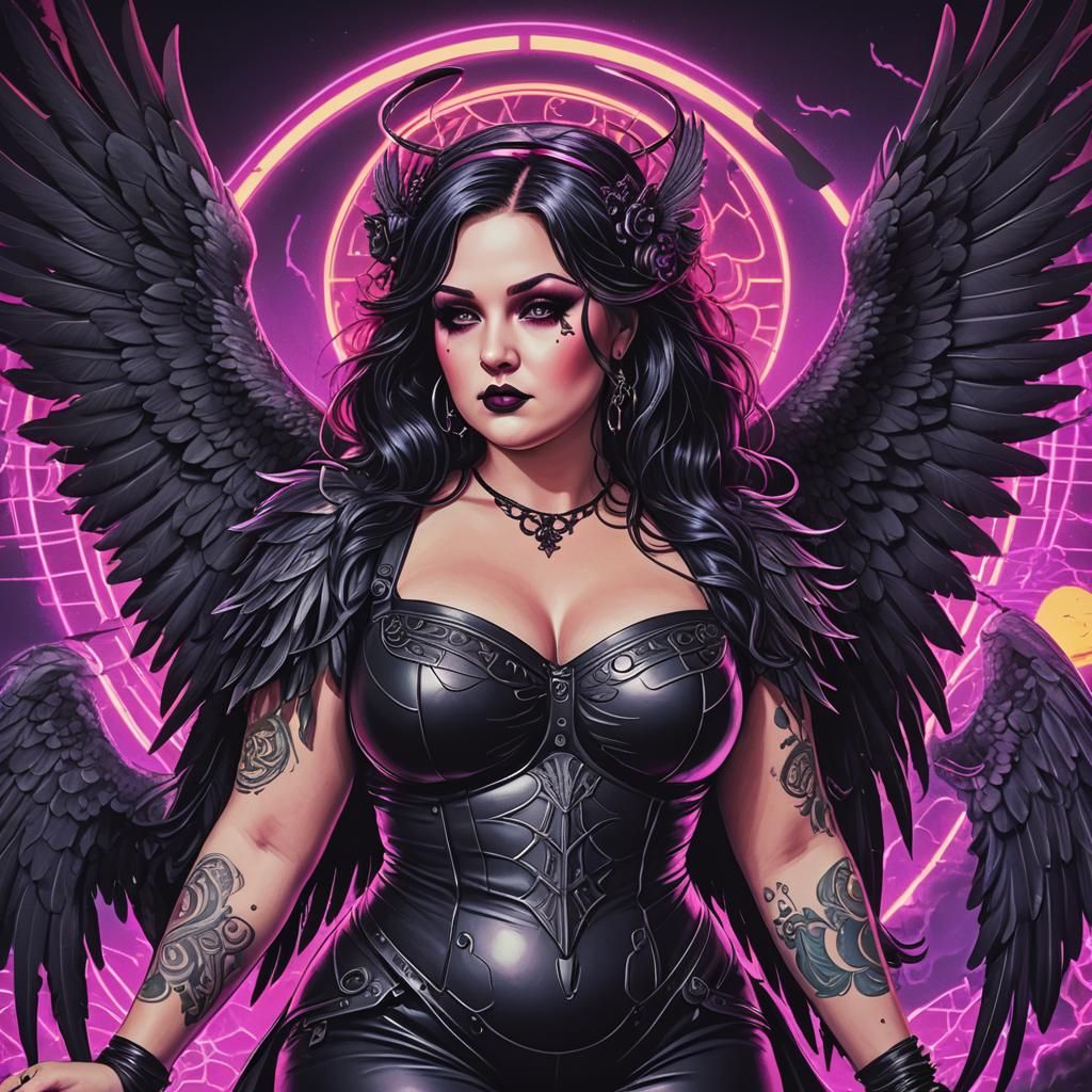 Gothic Angel with Tattoos in Synthwave Style
