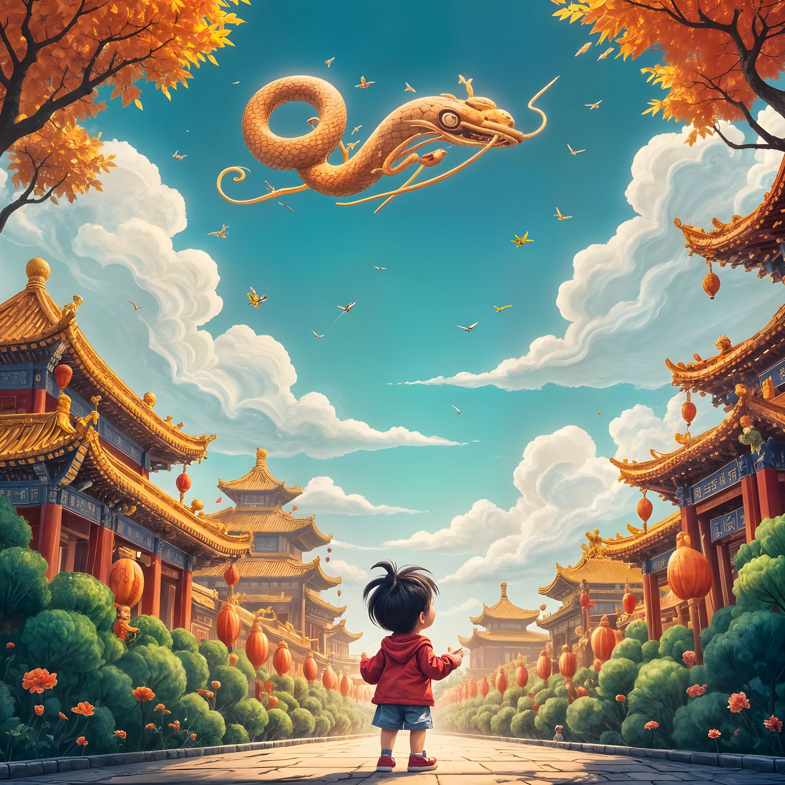 Child Imagines Riding a Snake Spaceship into Space at Temple...