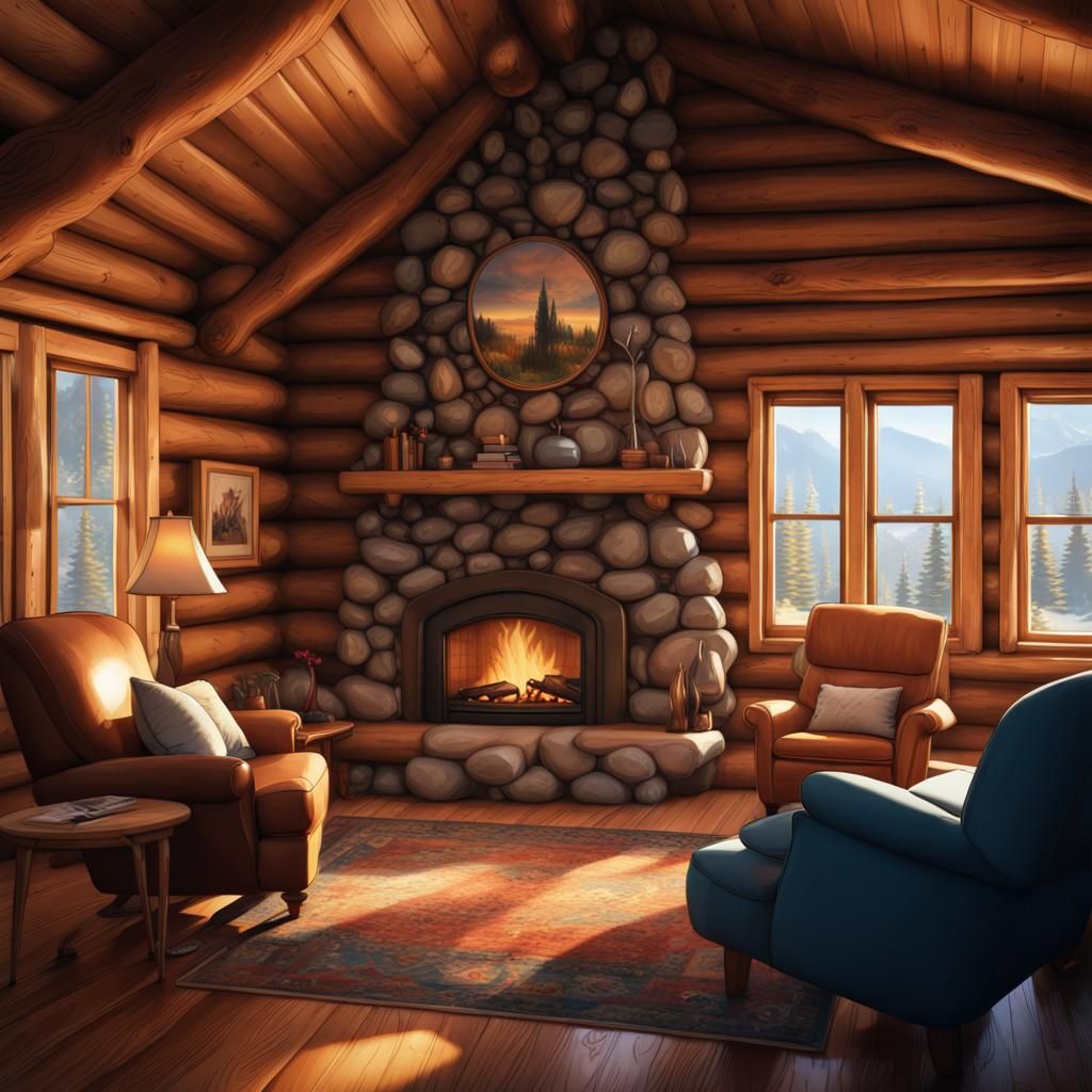 Realistic Log Cabin Interior with Fireplace