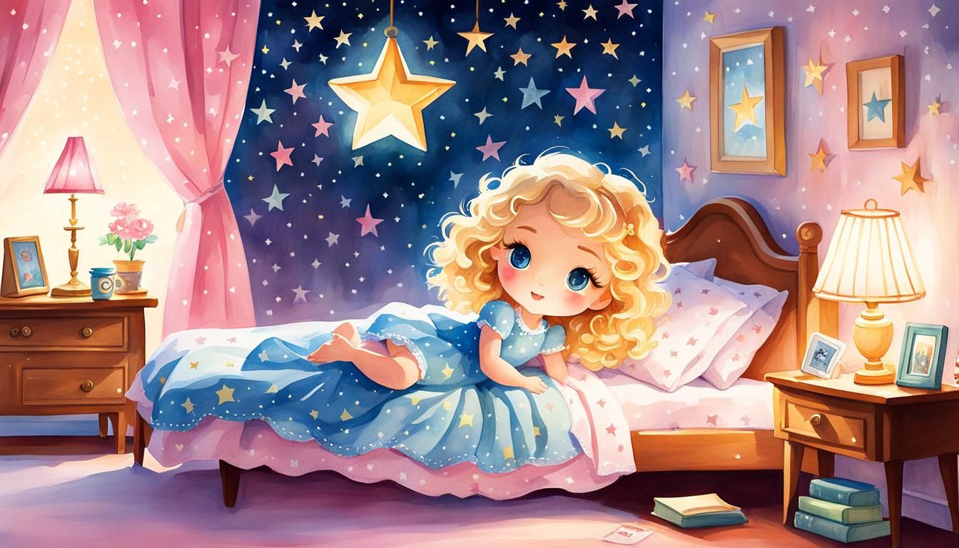 Chibi Baby Girl in Storybook Bedroom, Watercolor Style