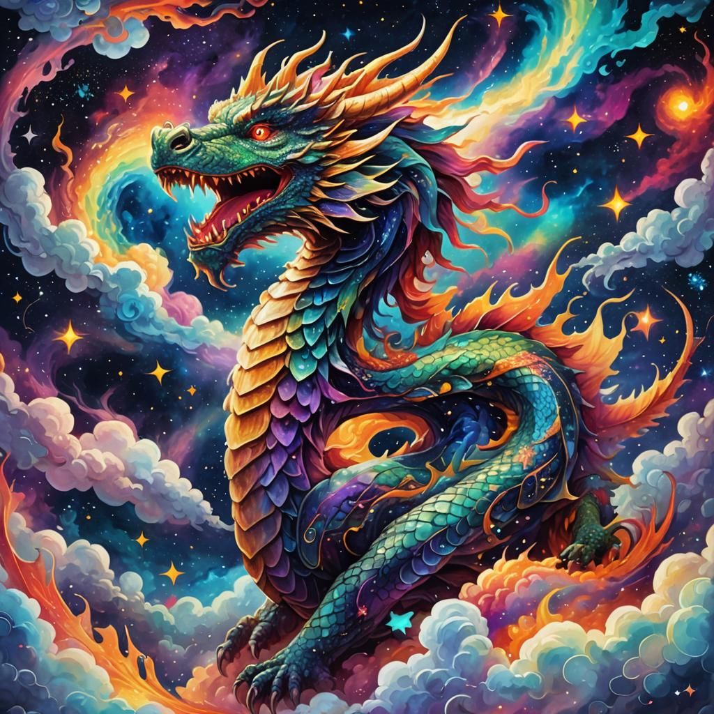 Cosmic Dragon in Astral Clouds: Mixed Media Illustration
