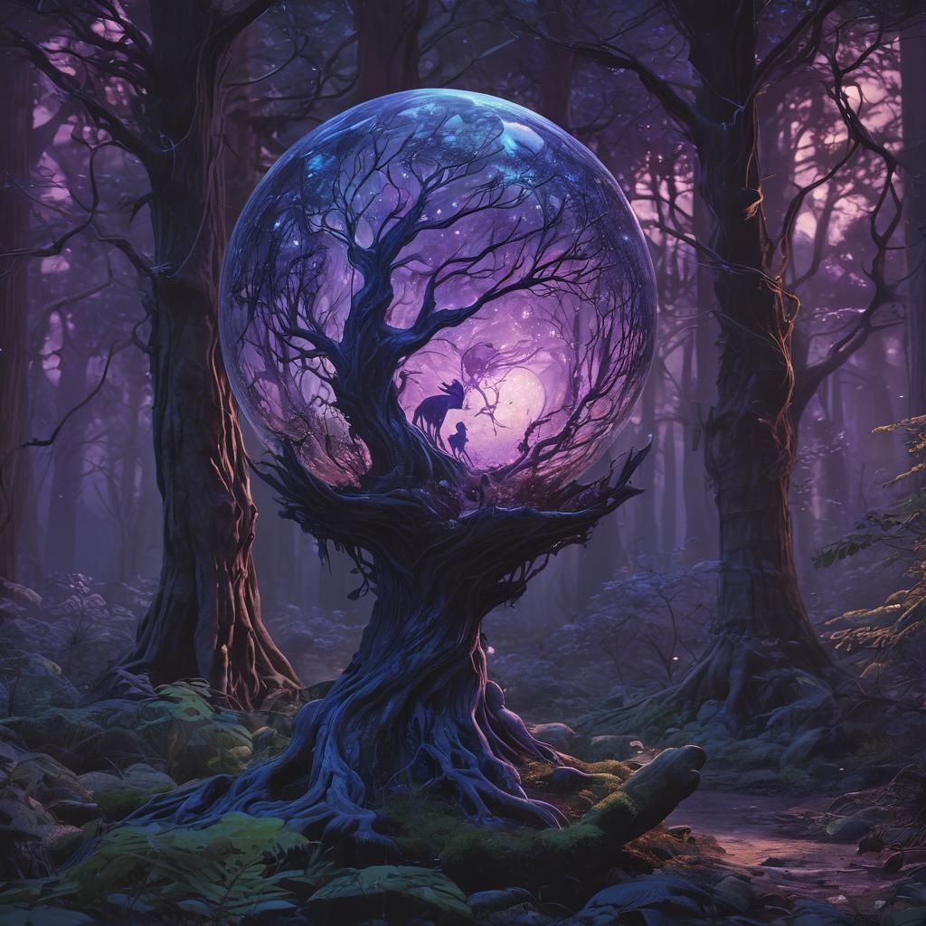 Luminescent Creature in Mystical Forest: Mixed Media Art