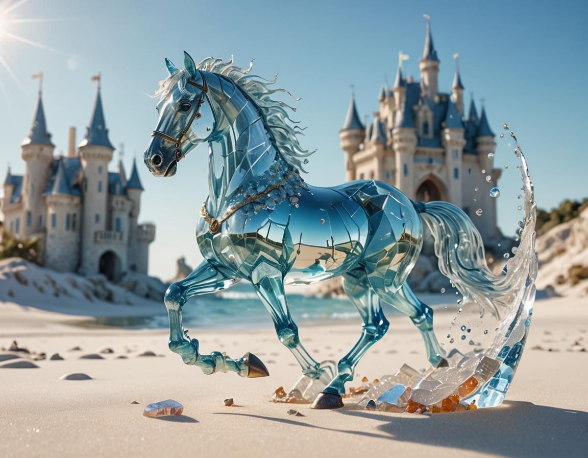 Surreal Glass Horse Runs on Beach in Digital Art