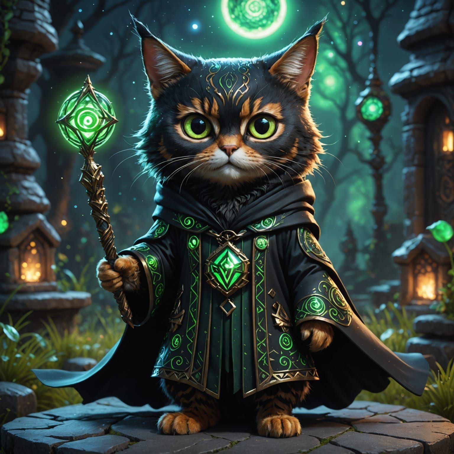 Whimsical Technomystic Cat in Shimmering Black Robes