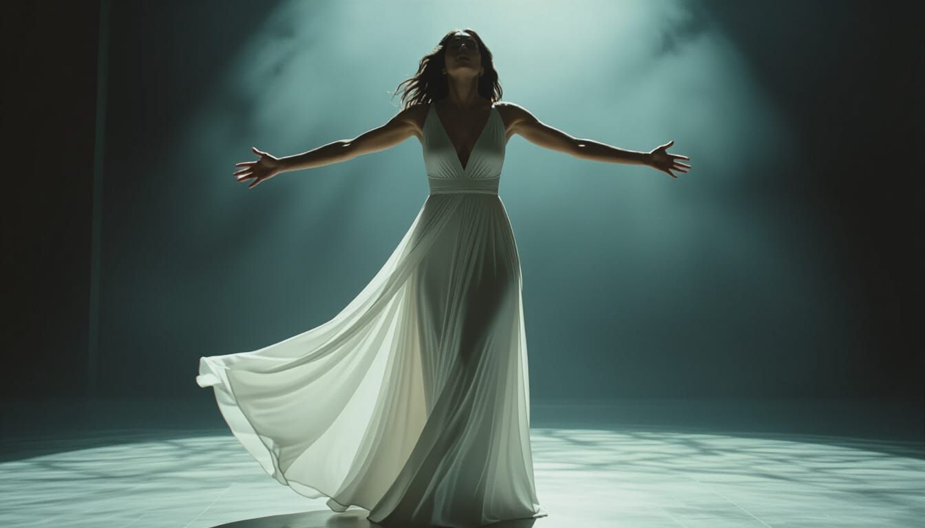 Emotional Woman in White Dress: Cinematic Film Still