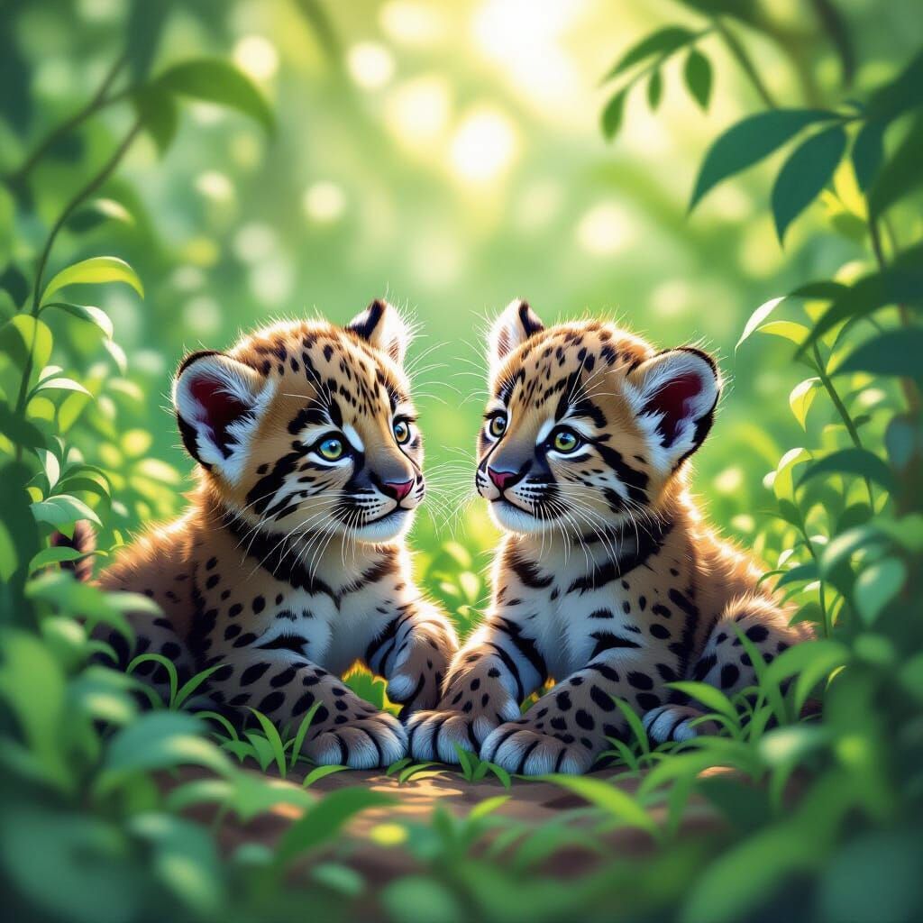 Whimsical Panther Cubs in Lush Greenery