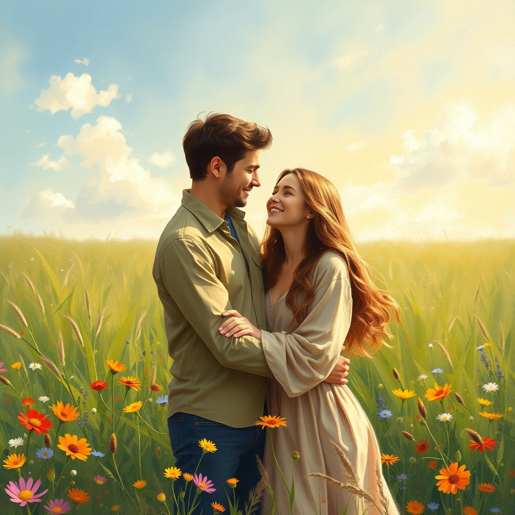 Couple Embrace in Meadow: Impressionistic Serenity