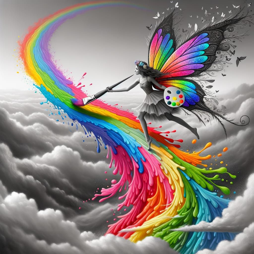 Vibrant Fairy Paints Rainbow Across Grey Sky