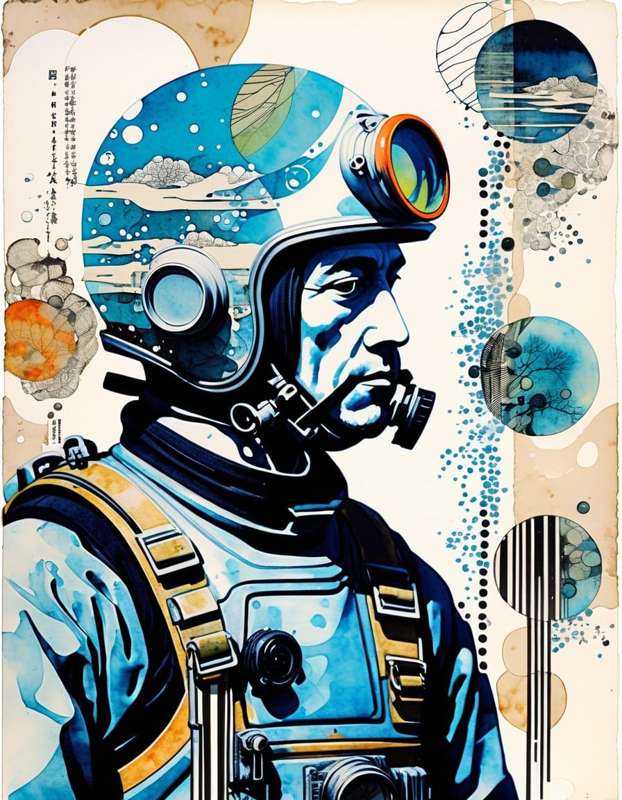 Victorian Diver in Ukiyo-e Style Mixed Media Collage