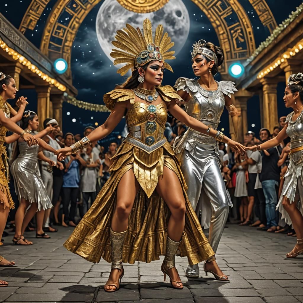 Goddesses' Dance Contest Under Full Moon, Hyperdetailed