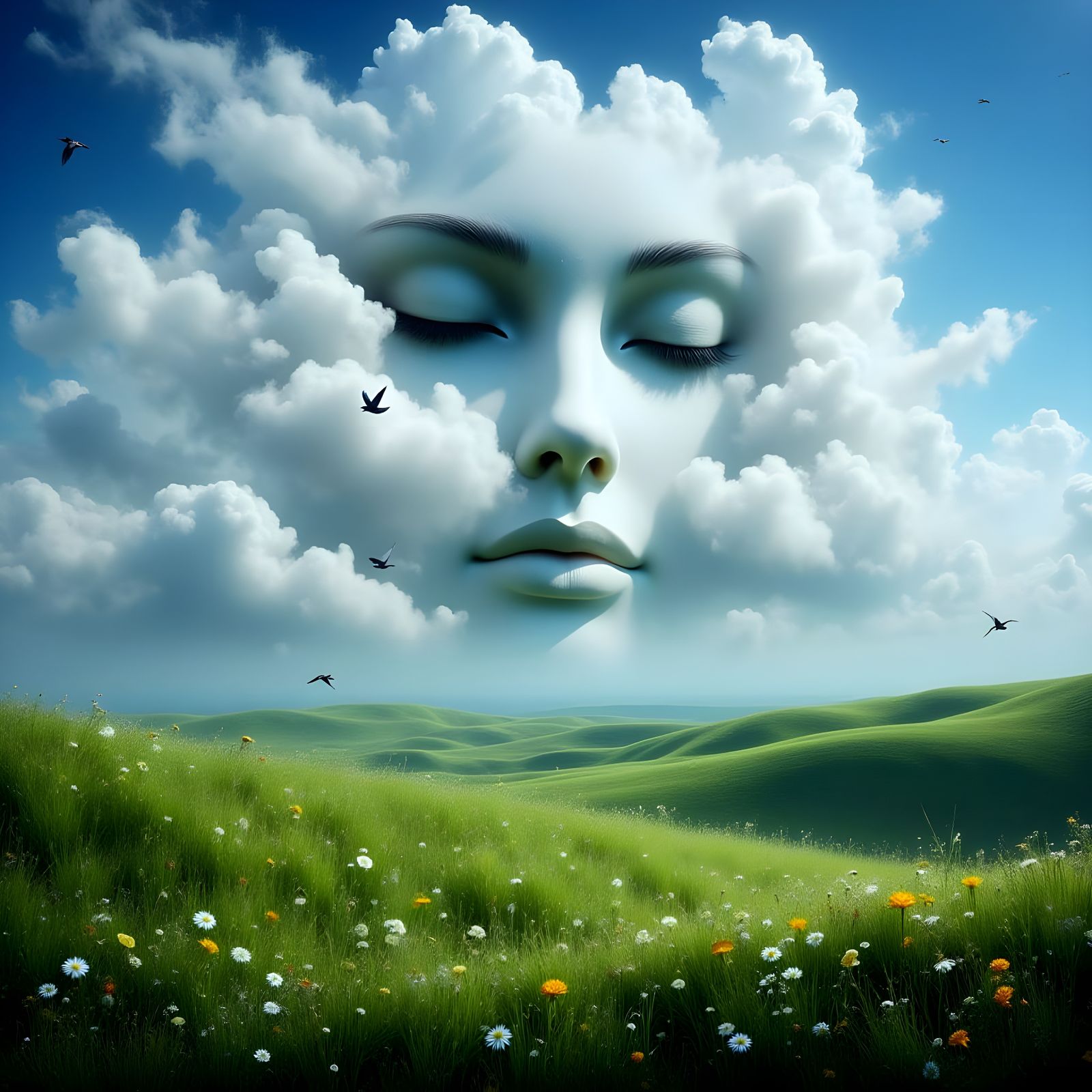 Surreal Goddess in Ethereal Cloudscape with Whimsical Landsc...