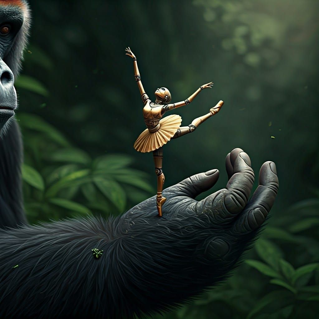 Robot Ballerina Dances on Gorilla Palm in Dystopian Futurism