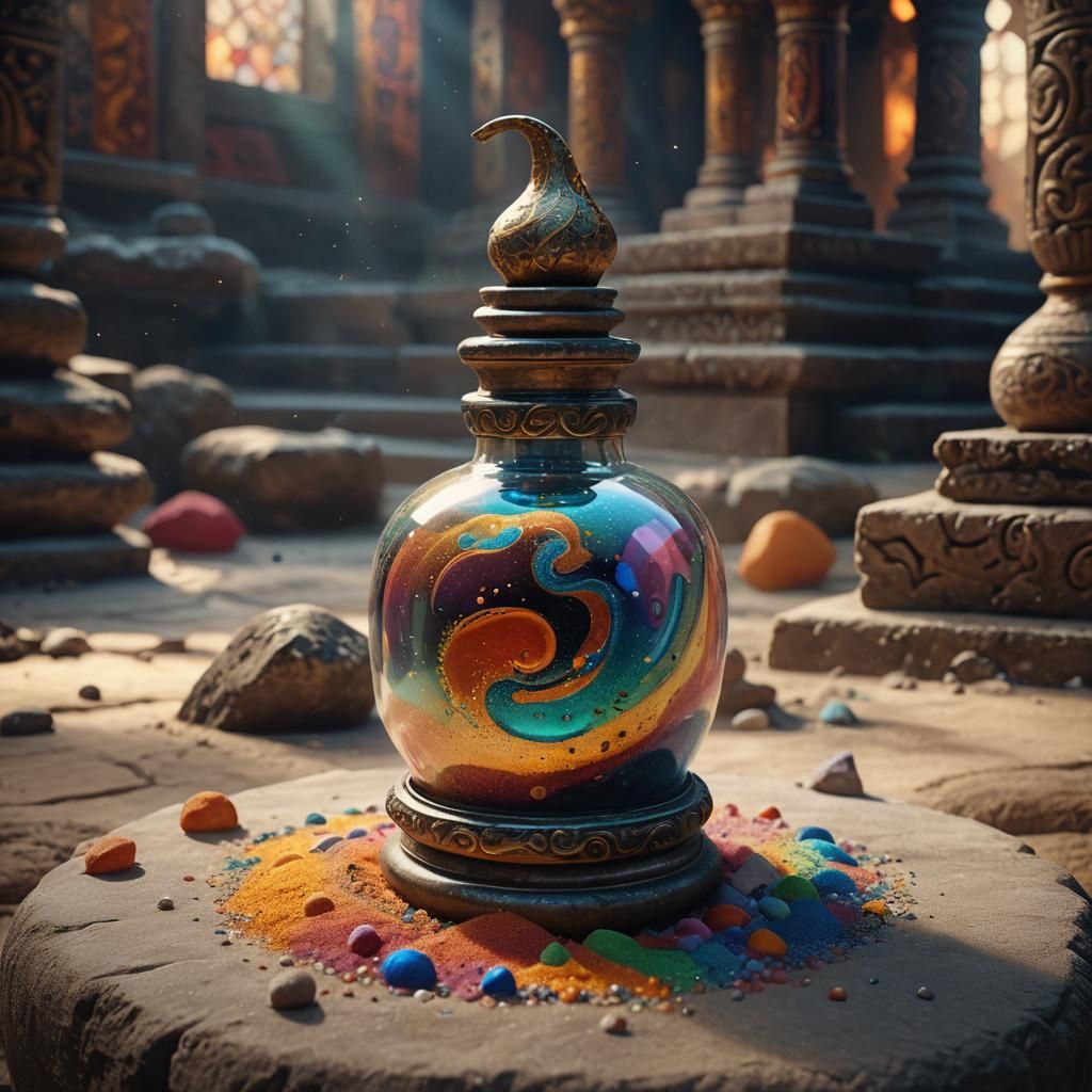 Mystical Bottle Concept Art in Ancient Temple