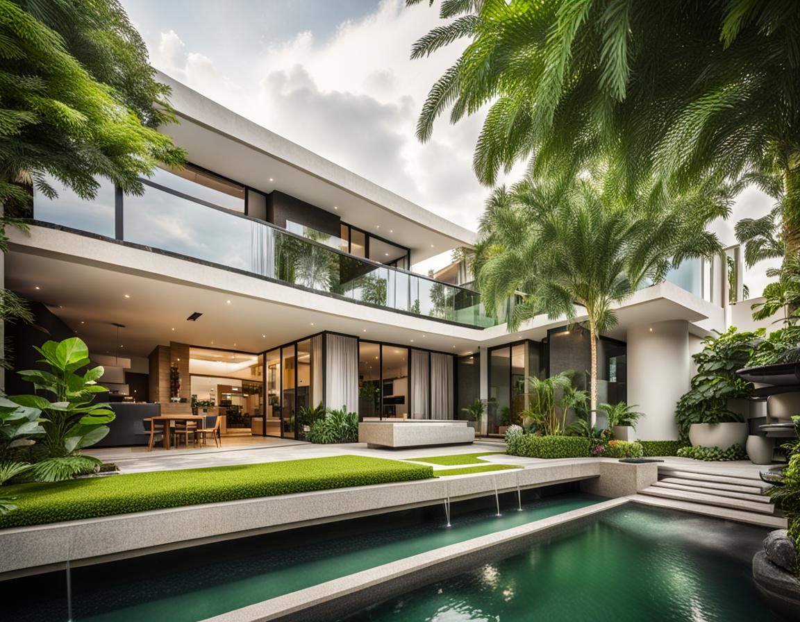 Modern House with Greenery and Cascading Fountains