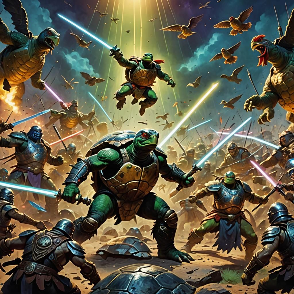 Epic Turtle vs Chicken Battle in Fantasy Landscape