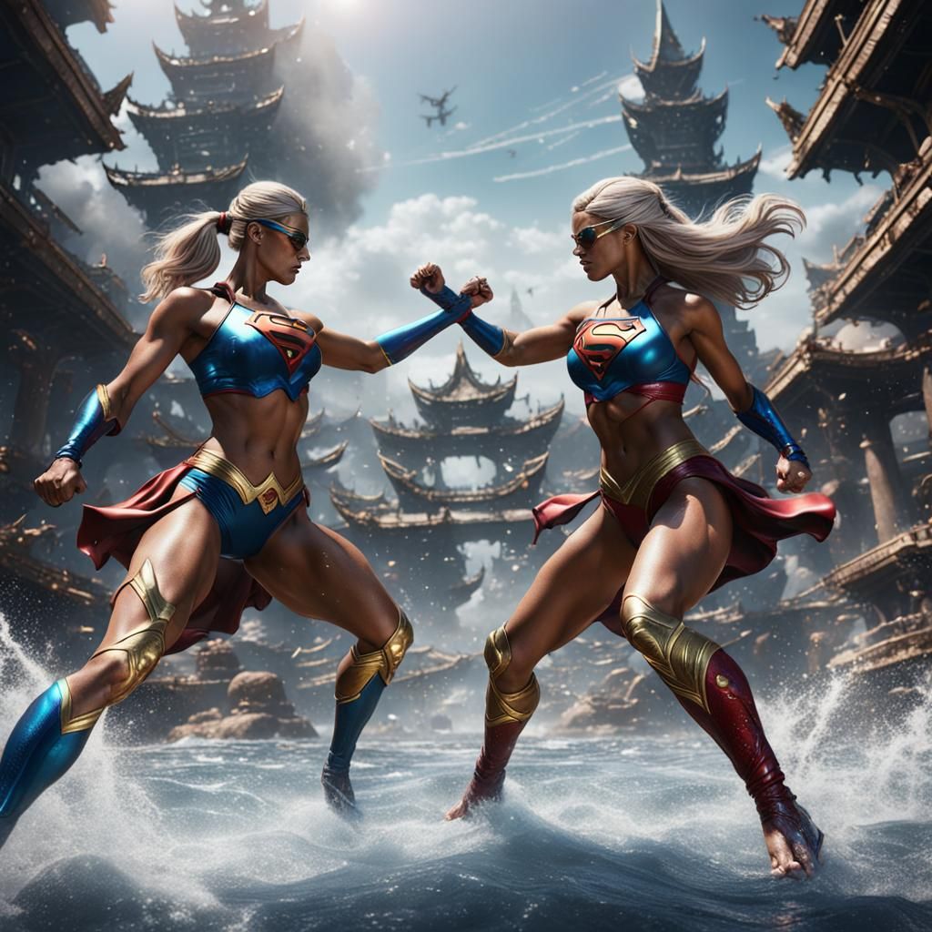 Furious Supergirls Sparring: Detailed Matte Painting
