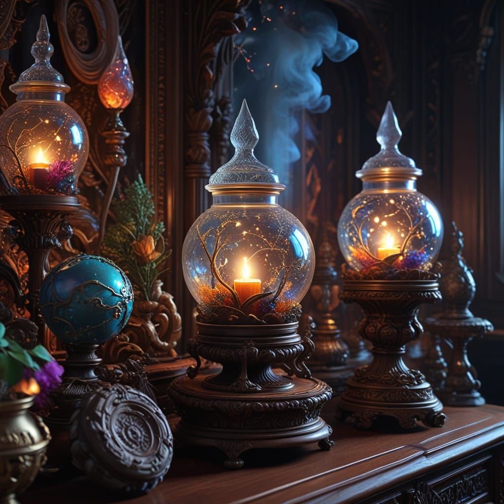 Medieval Sorceress in a Glowing Alchemical Laboratory