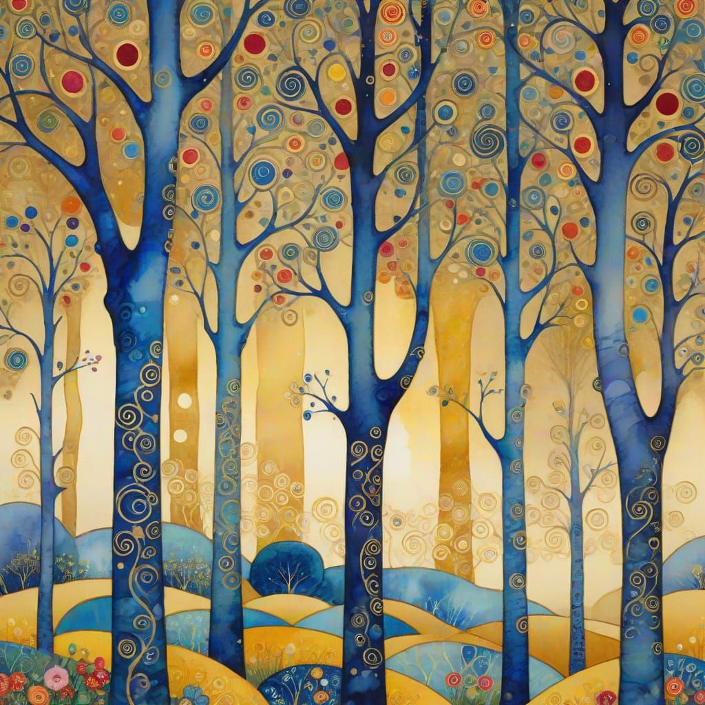 Klimt Style Blue Trees with Golden Floral Background