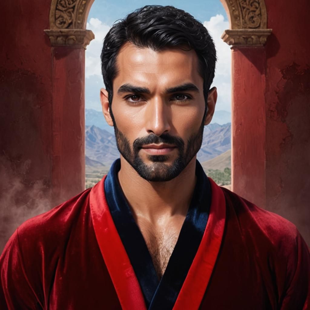 Serious Man in Red Velvet Bathrobe Portrait