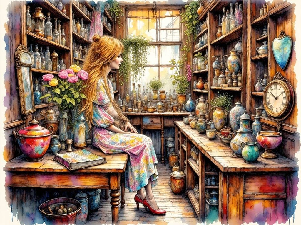 Alicia Witt in Quaint Antique Shop, Ink Drawing