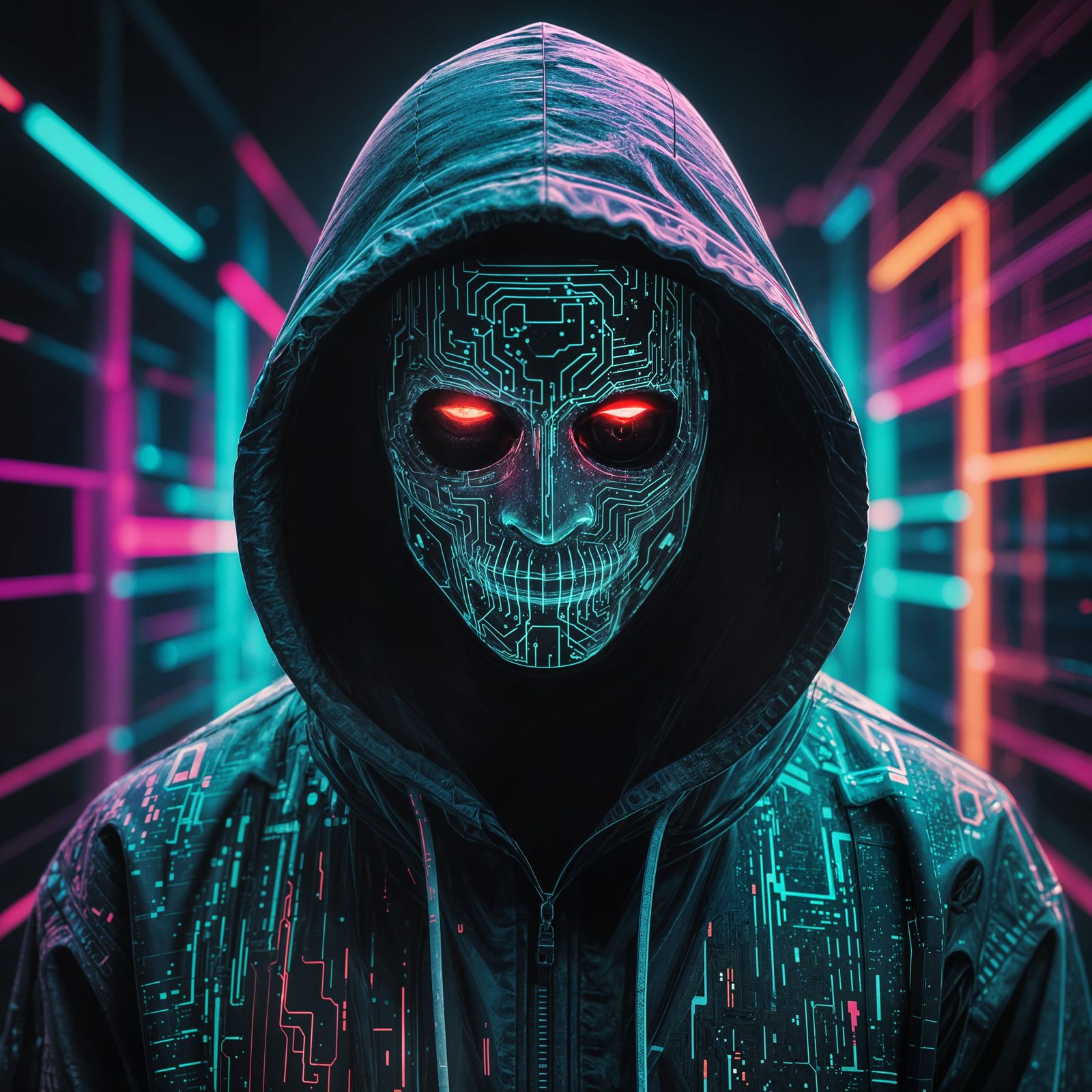 Hooded Hacker in Glitchcore Pop Art Style