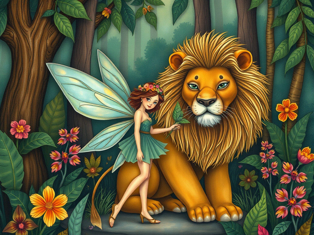 Enchanting Fairy and Lion in Jungle Illustration