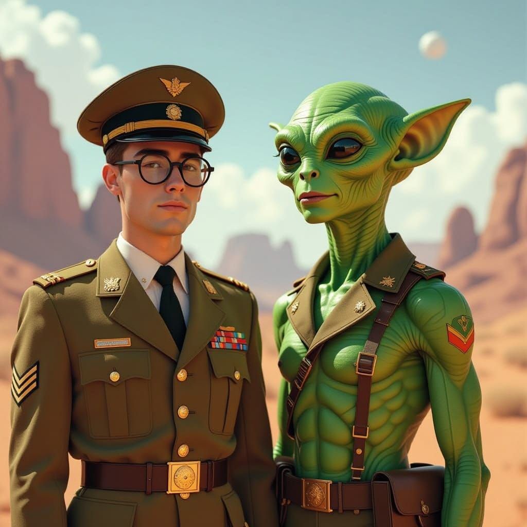 Human and Martian Soldier Stand at Attention in Dystopian La...