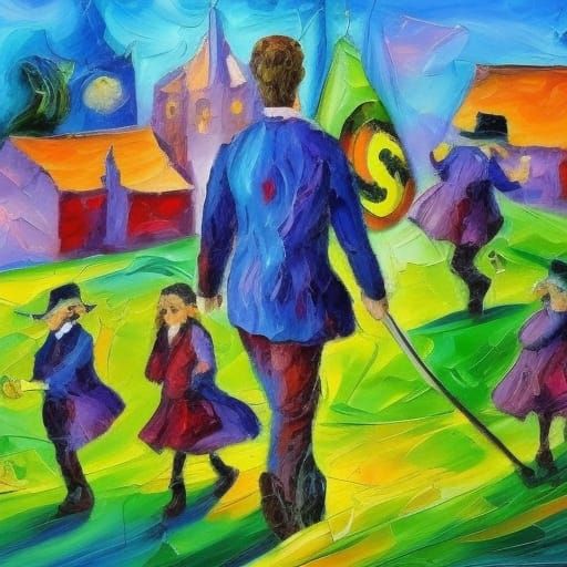 The Pied Piper: Neo-Impressionist Oil Painting