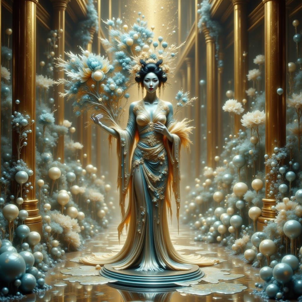 Geisha Doll of Liquid Mercury in Futuristic Garden