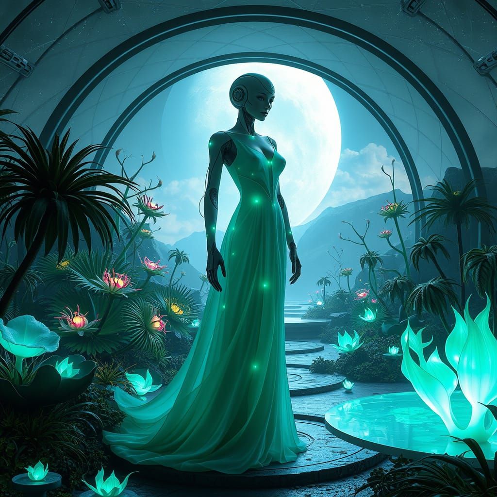 Android in Bioluminescent Garden: Digital Art
