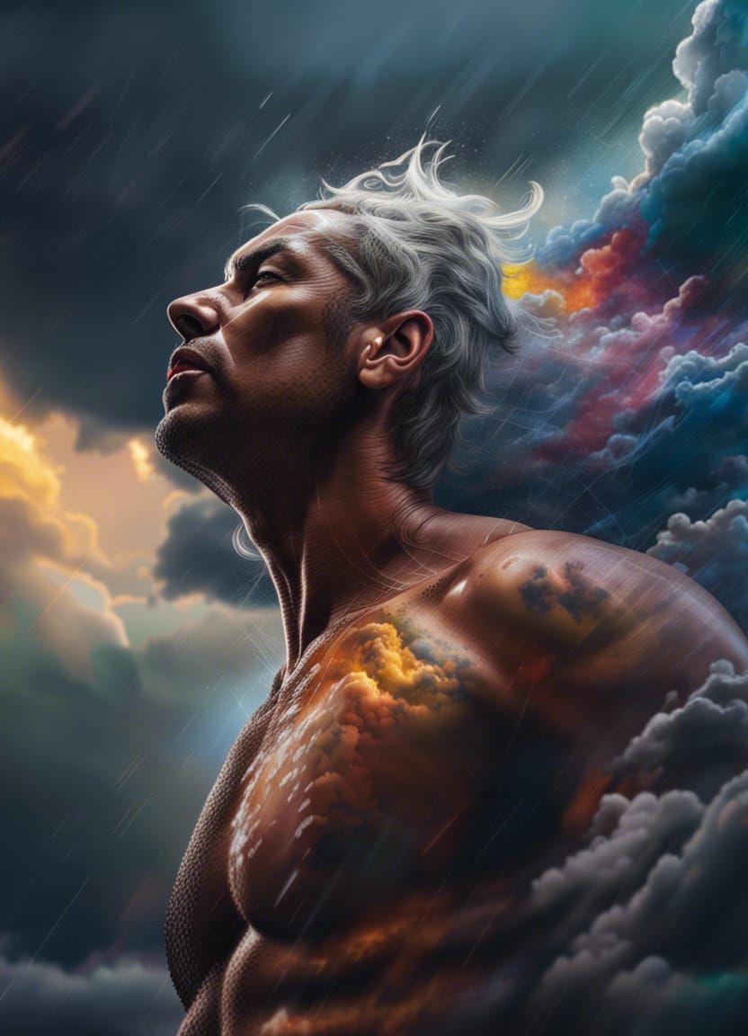 Storm Clouds Form Human Figure in Hyperrealistic Splash Art