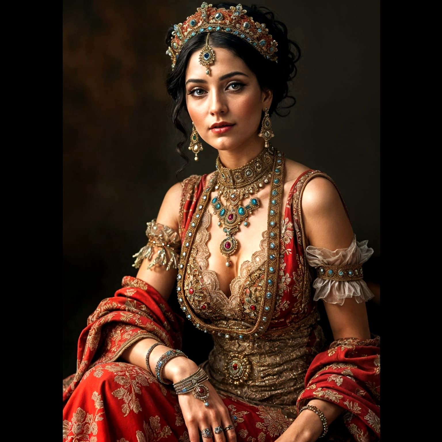 Hyperrealistic Portrait of Mata Hari in Colorful Clothing