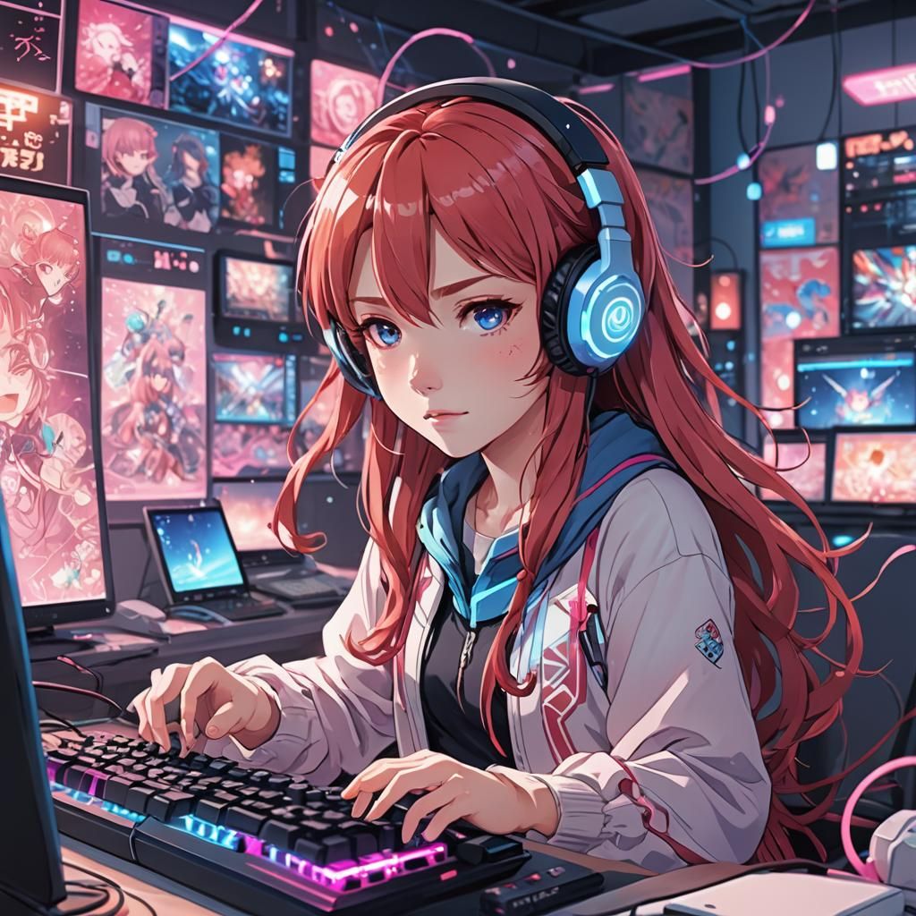 Redhead Gamer Girl in Anime Key Visual Style