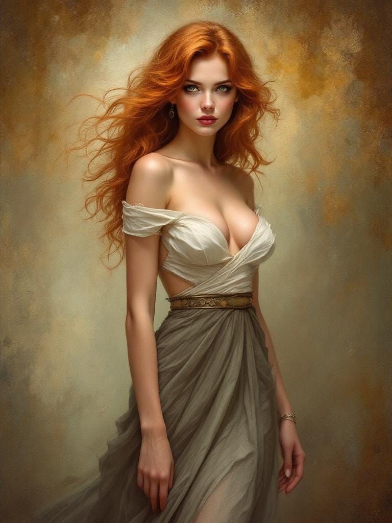 Redhead Pin-Up in Alphonse Mucha Tonalist Style