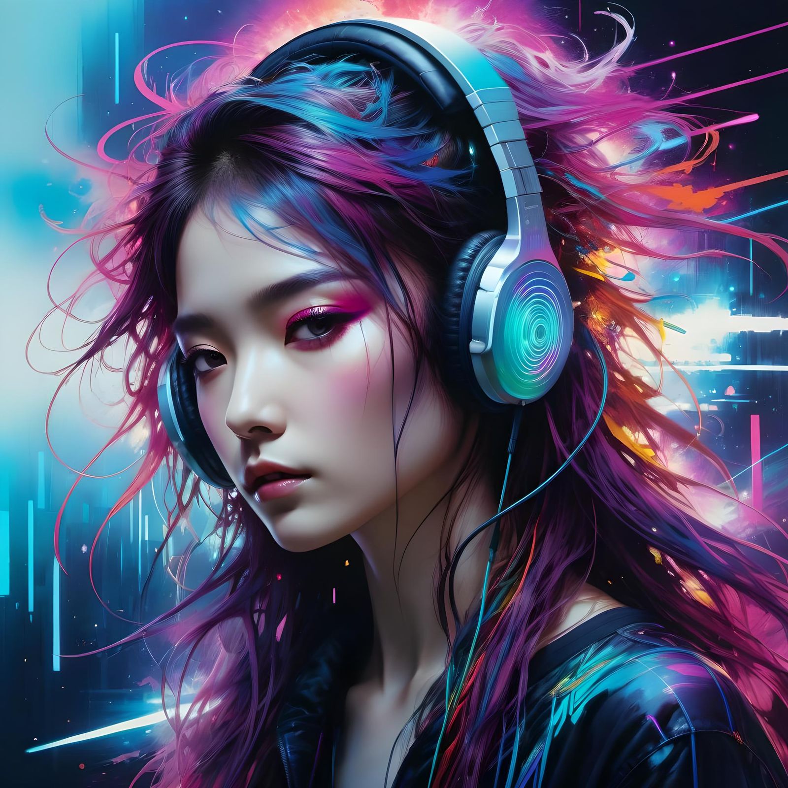 Cyberpunk Woman with Headphones in Synthwave Colors