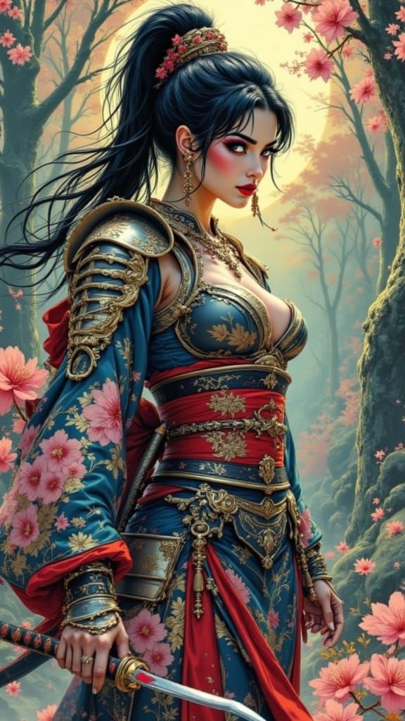 Cyberpunk Geisha Warrior in Combat Stance