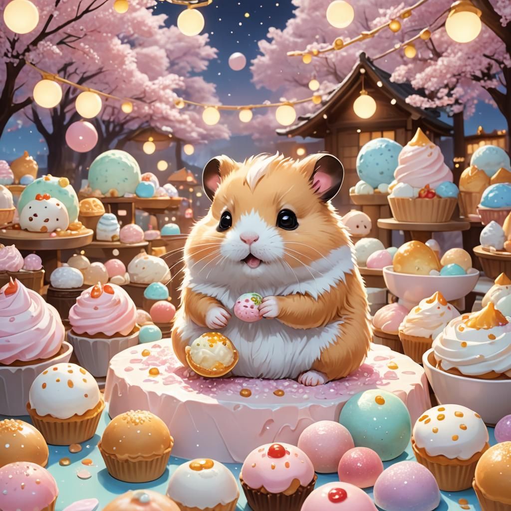 Adorable Hamster in Kawaii Japanese Dessert Fantasy