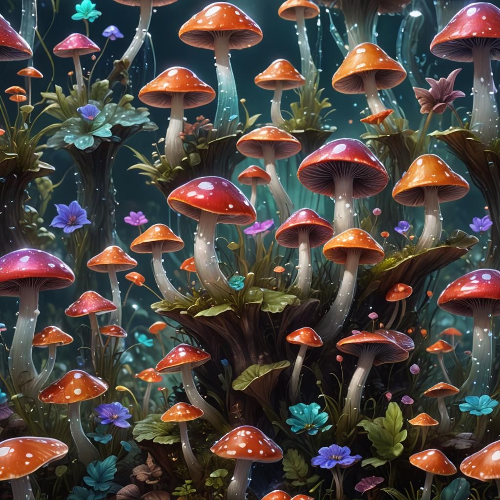 Sparkling Glass Mushroom with Tiny Animals