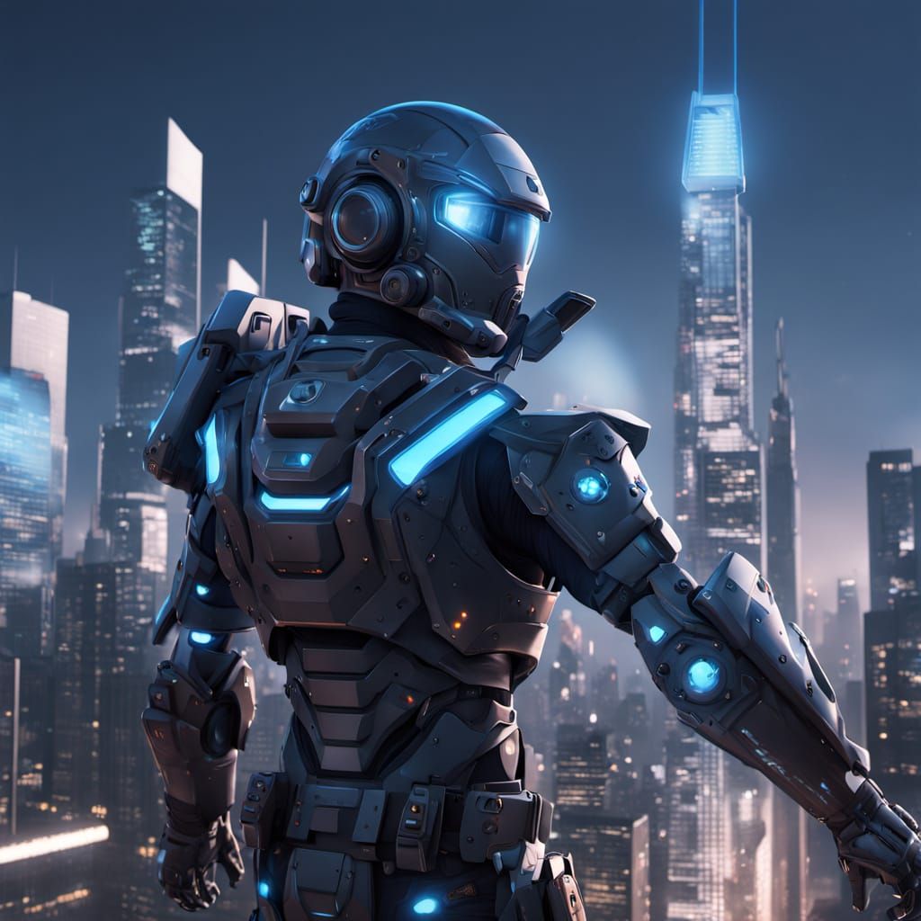 Futuristic Soldier with Jetpack and Laser Gun in Anime Style