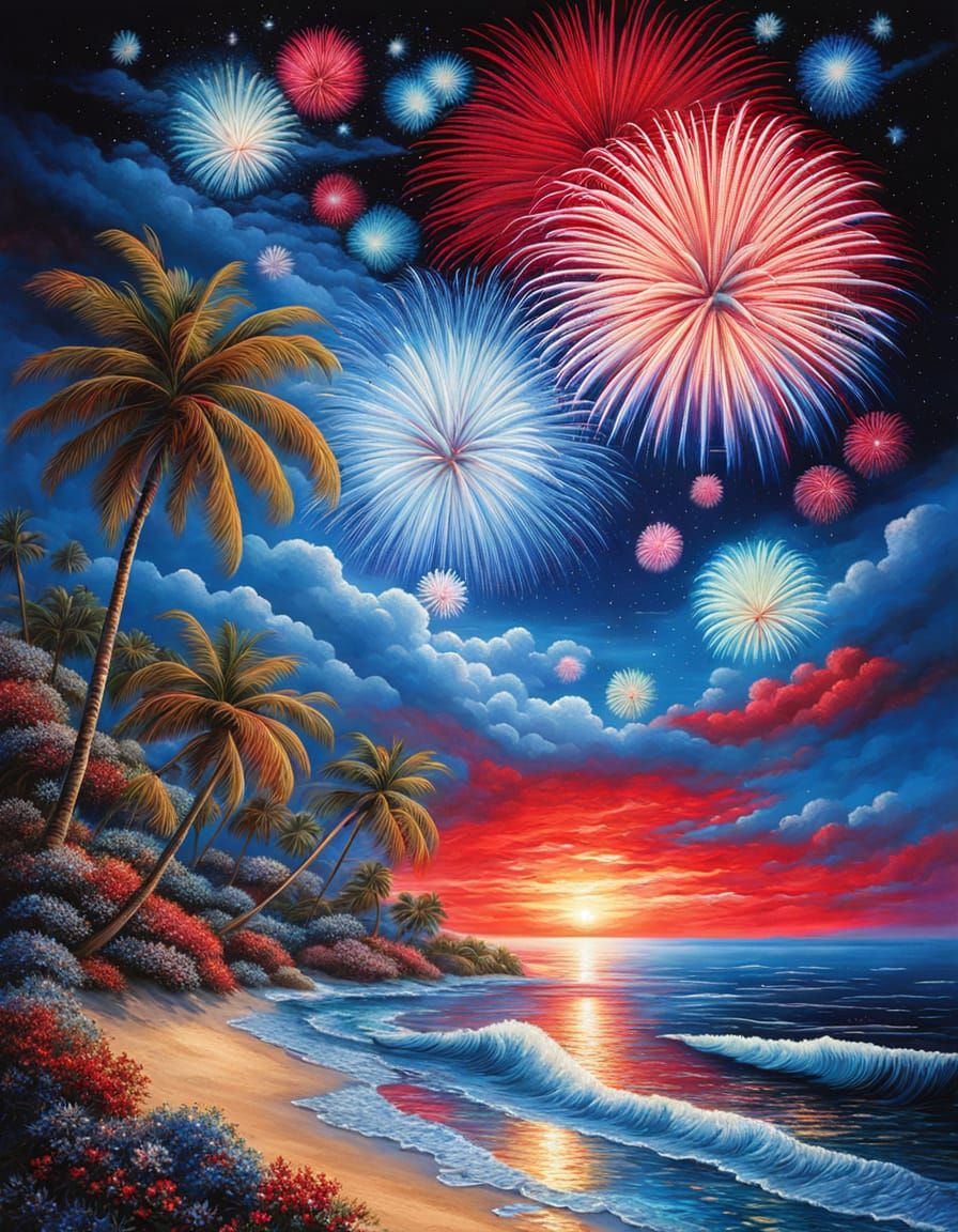 Neon Fireworks Exploding Over Shimmering Ocean