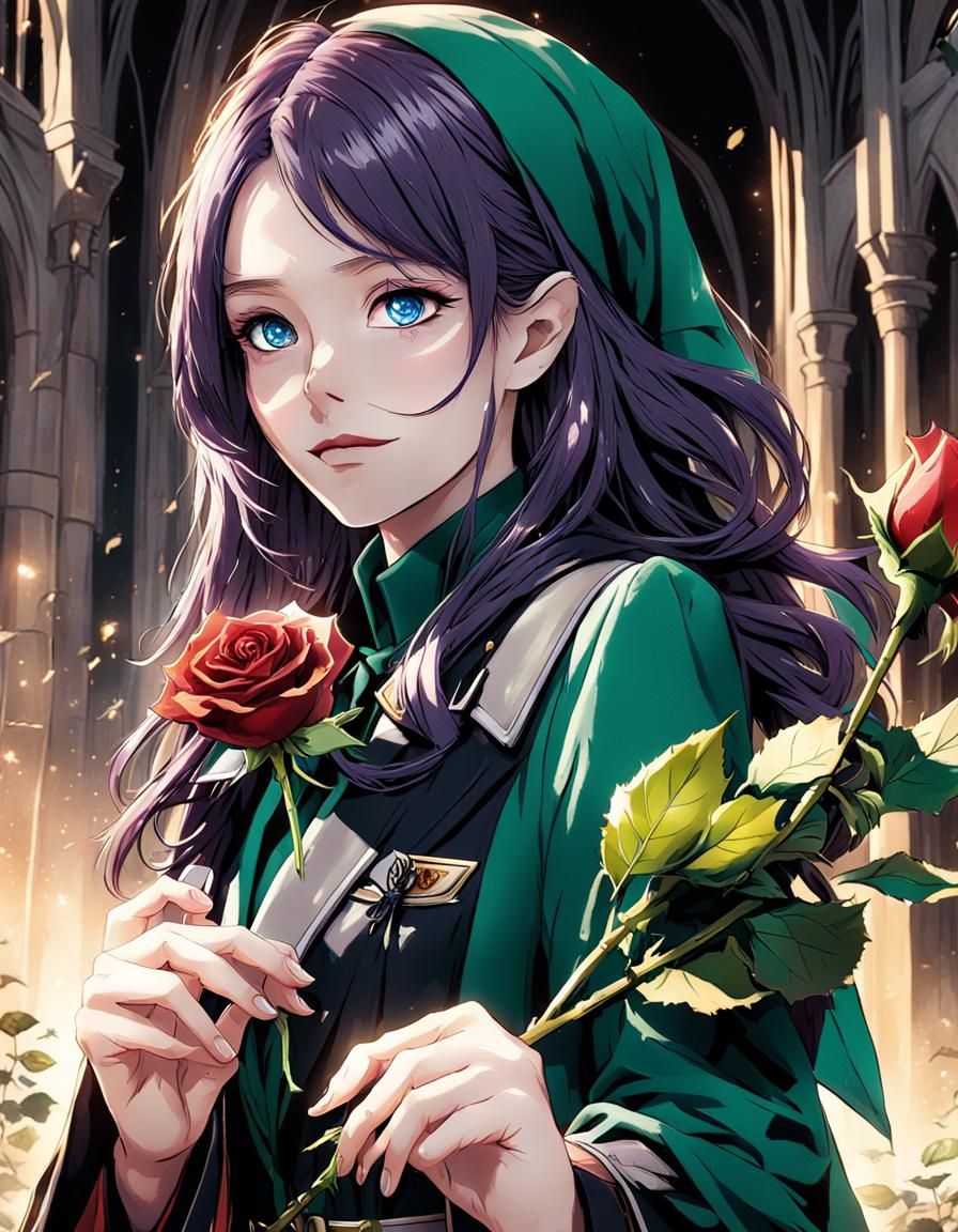 Girl in Slytherin Uniform with Red Rose