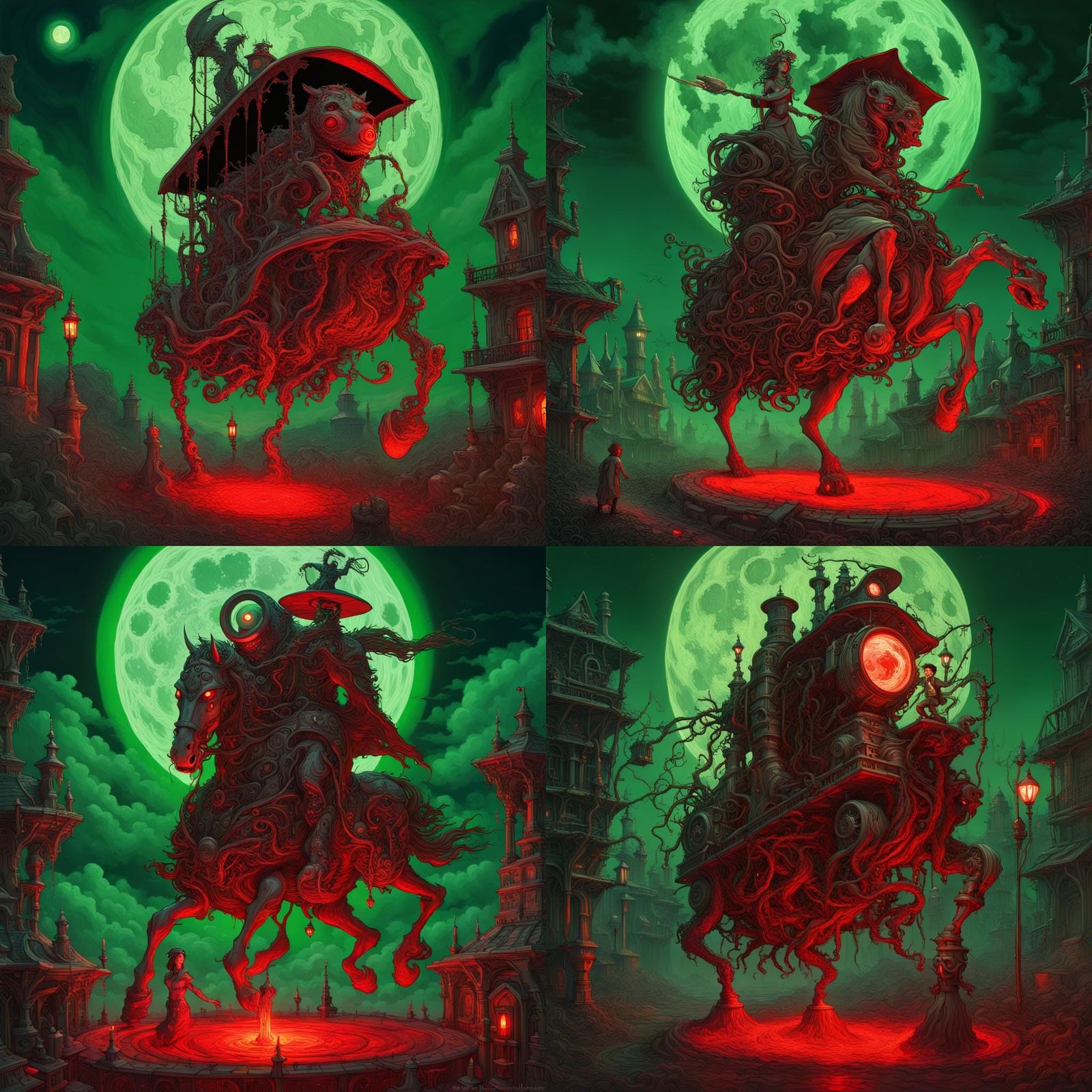 Steampunk Witch on Mop with Red Moon